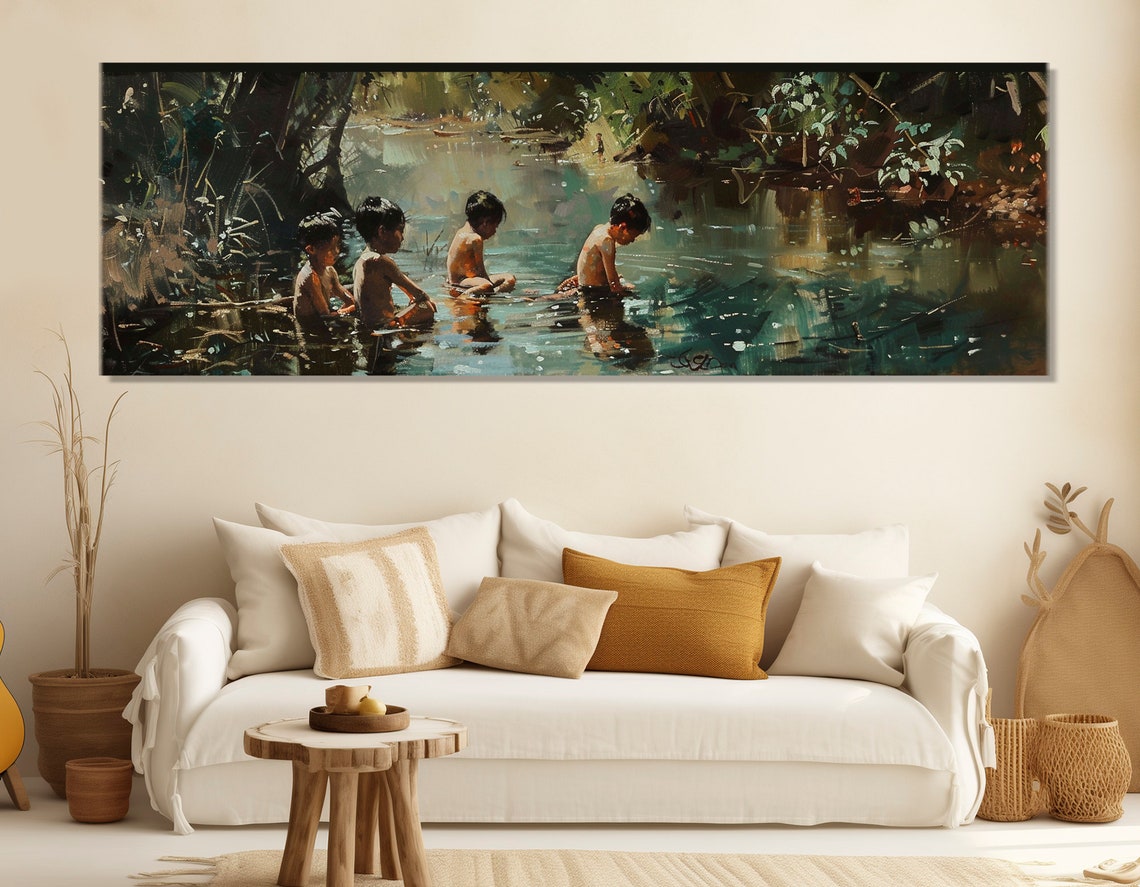 Boys Bathing In River Impressionist Oil Painting Nostalgic Poster - Image 2