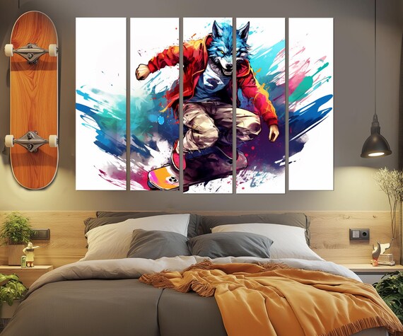 Wolf Skateboarder Pop Art Colorful Splash Teen Room Skate Wall Art Print