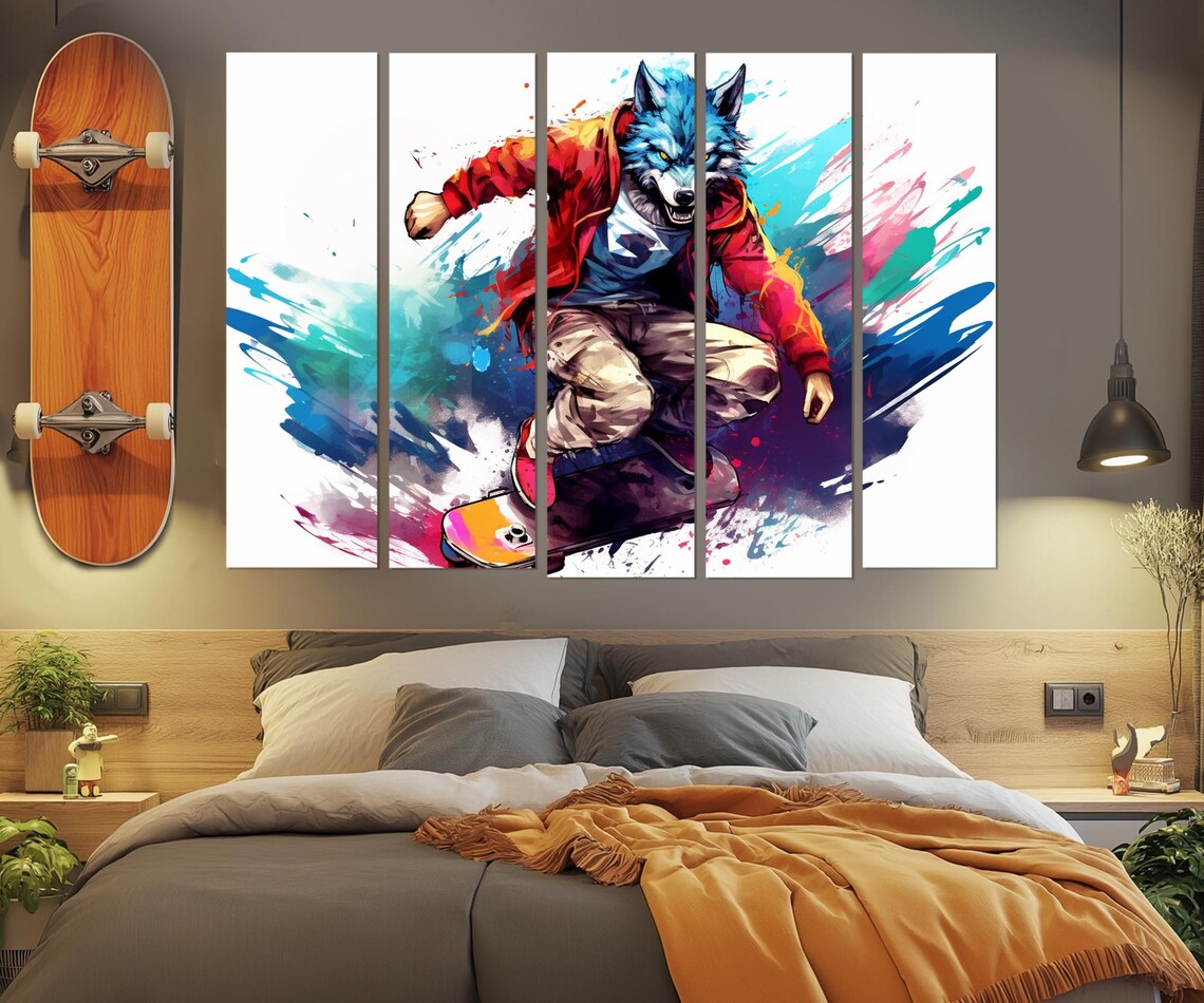 Wolf Skateboarder Pop Art Colorful Splash Teen Room Skate Wall Art Print
