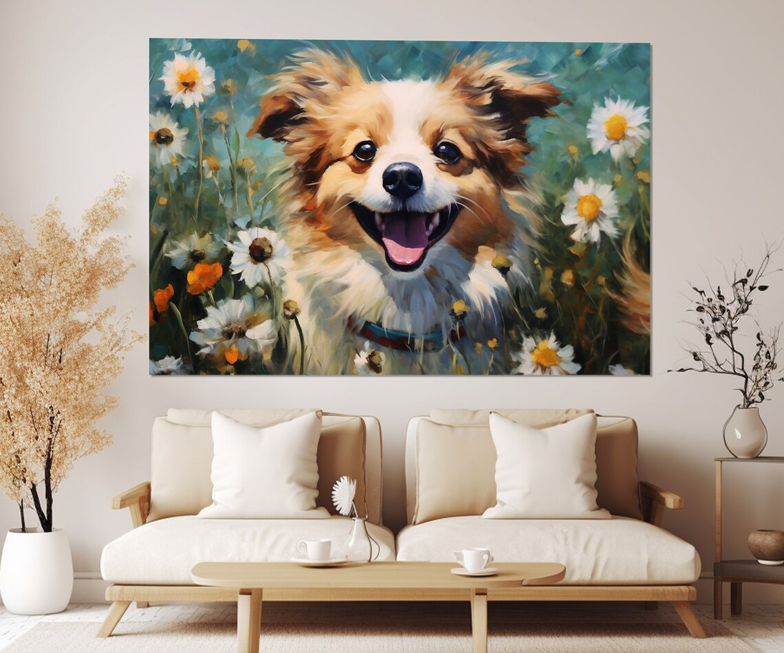 Smiling Puppy In Daisy Field Happy Dog Painting Animal Art Poster