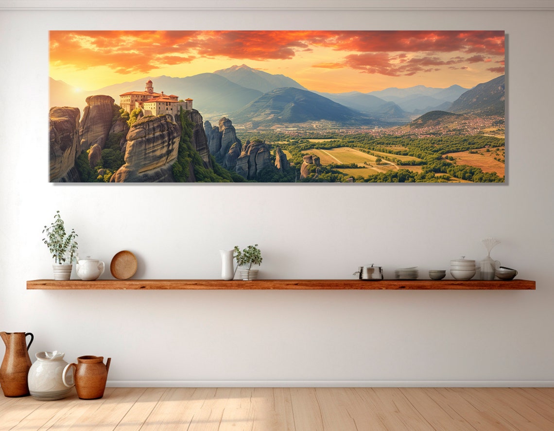 Meteora Monasteries Sunset Rock Pillars Greece Panoramic View Poster - Image 2
