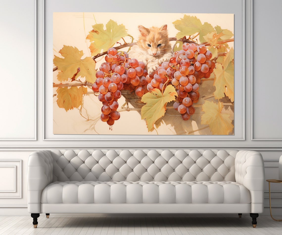 Ginger Kitten Among Red Grapes Vine Watercolor Kitchen Art Poster - Image 4
