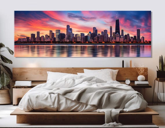 Abstract Chicago Sunset Print Scenic Chicago Painting Chicago Wall Art Chicago Skyline Chicago Poster Framed And Ready To Hang