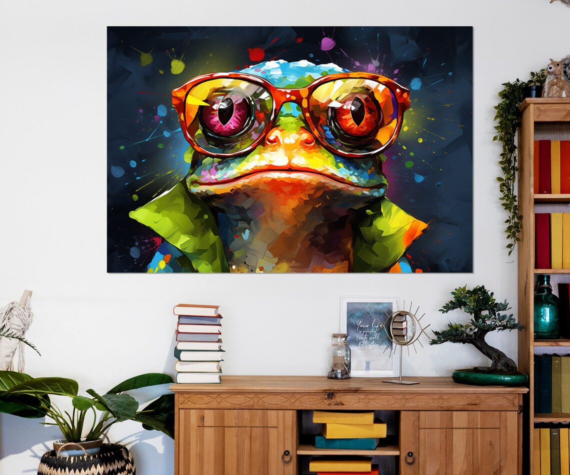 Colorful Frog Wearing Red Glasses Pop Art Quirky Animal Wall Art