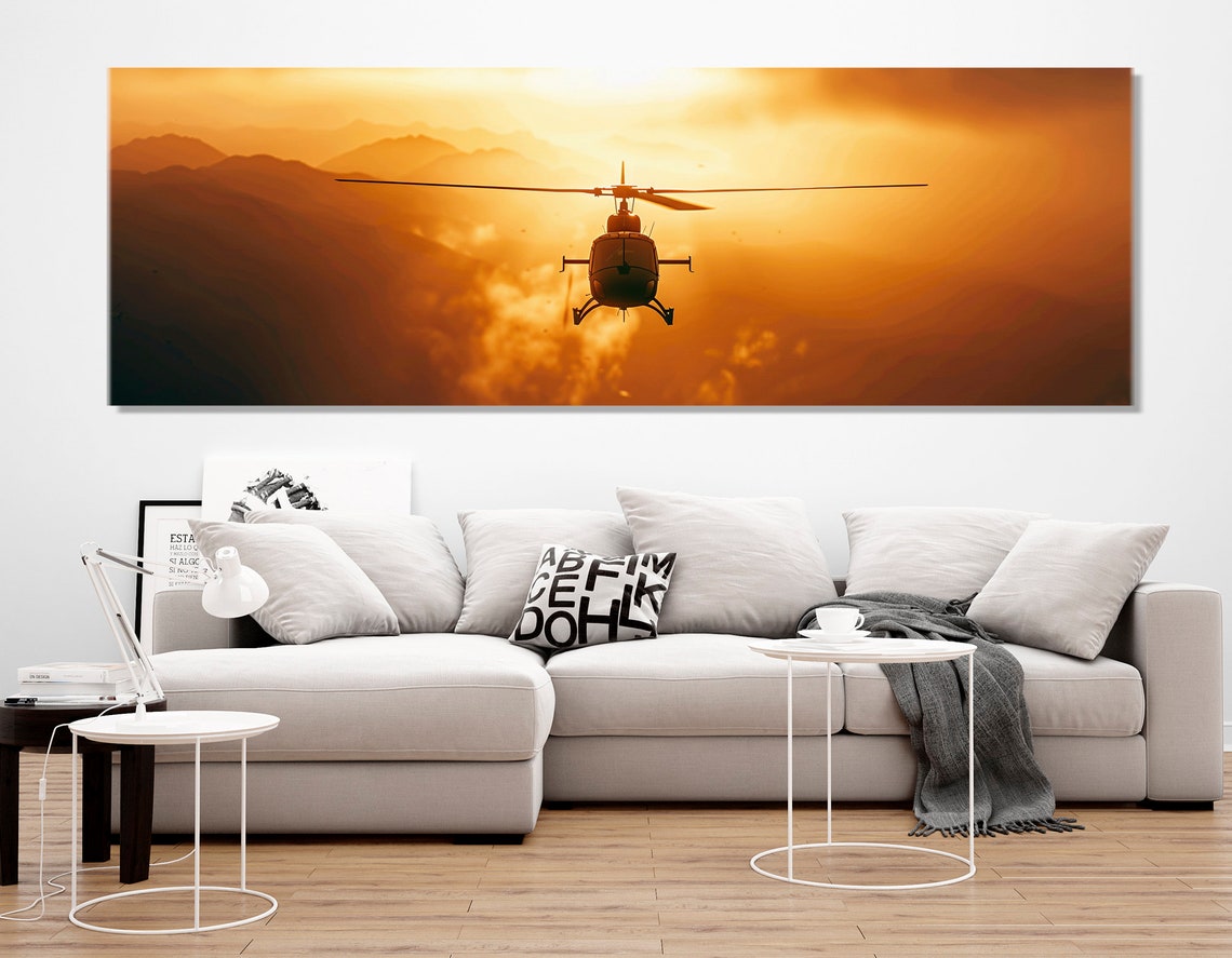 Helicopter Silhouette Flying Golden Sunset Mountain Aircraft Wall Art - Image 2