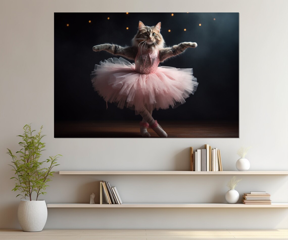 Cat Ballerina In Pink Tutu Dancing On Stage Spotlight Funny Ballet Cat Poster - Image 2