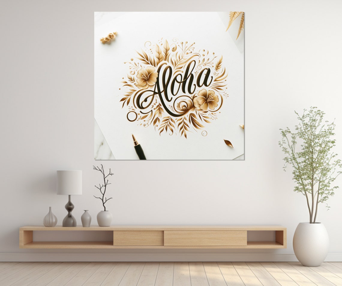 Aloha Gold Calligraphy Floral Wreath Elegant White Hawaii Wall Art - Image 2