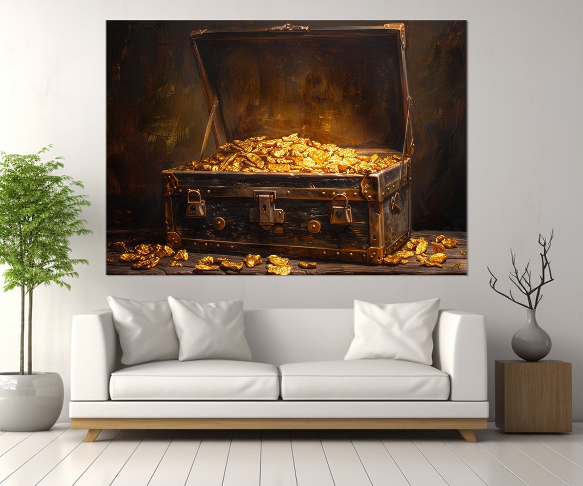 Vintage Chest Of Gold Print Gold Wall Art Chest Of Gold Painting Vintage Wall Decor Gold Digger Gift Framed And Ready To Hang - Image 2