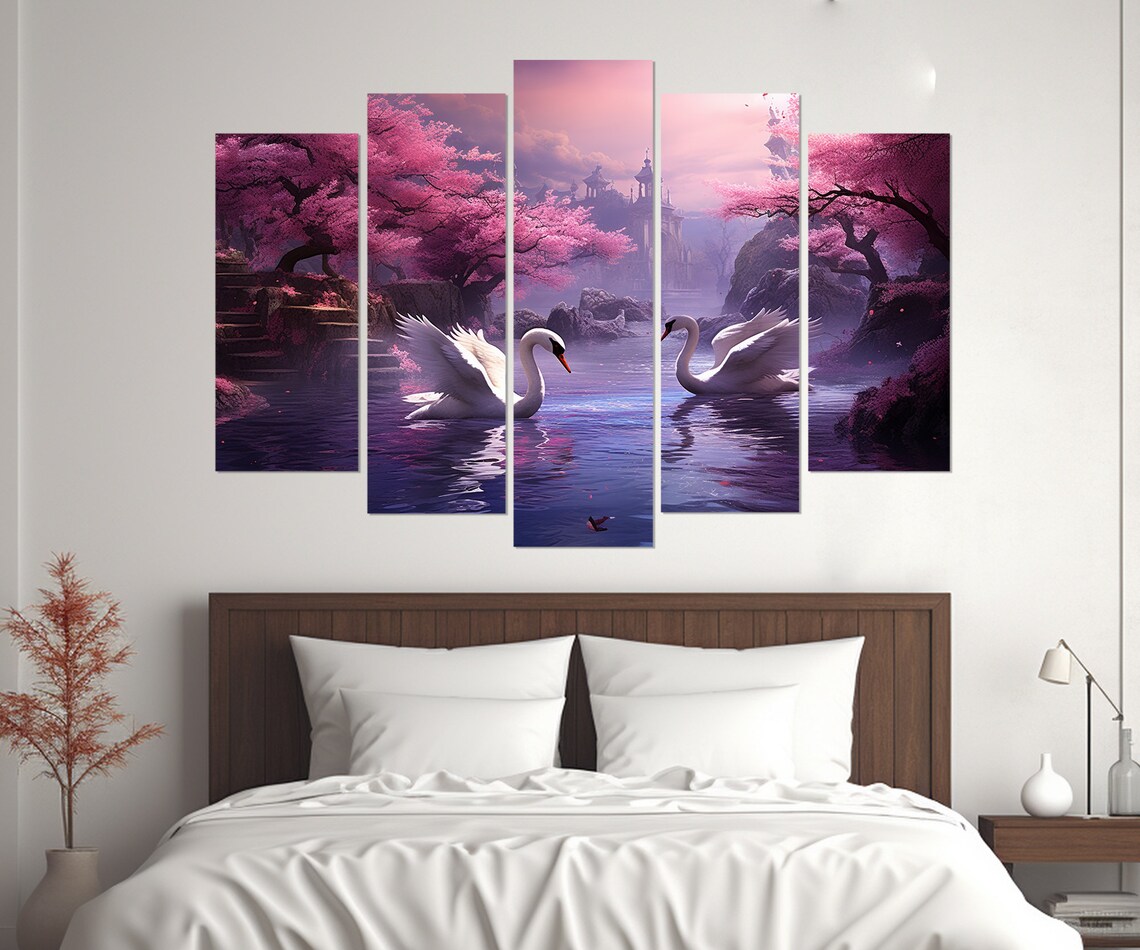 Two White Swans On A Fantasy Lake With Pink Cherry Blossoms Poster - Image 2