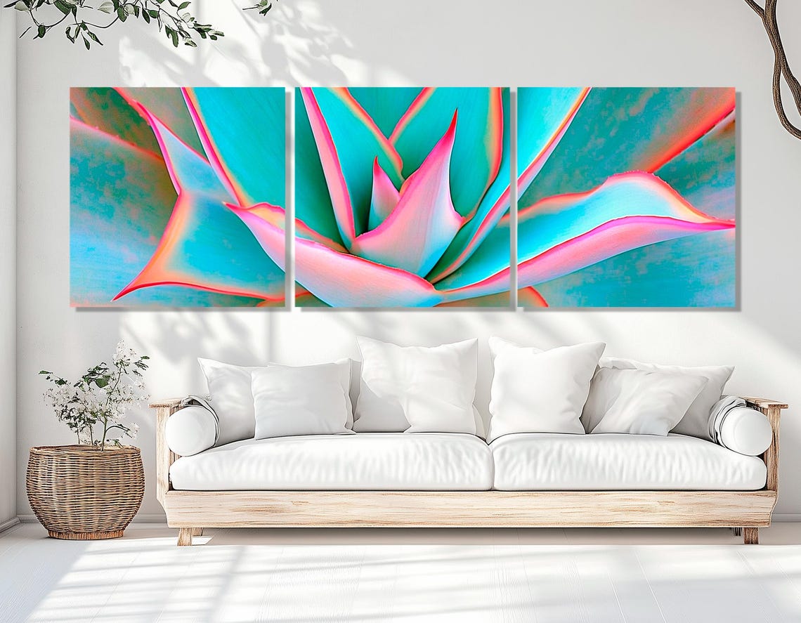 Aloe Striata Macro Neon Pink Turquoise Leaves Botanical Wall Art Print - Image 4