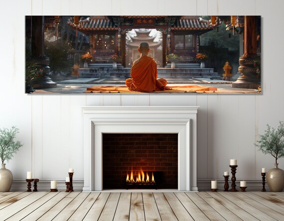 Buddhist Monk Meditating Orange Robes Asian Temple Zen Spiritual Wall Art