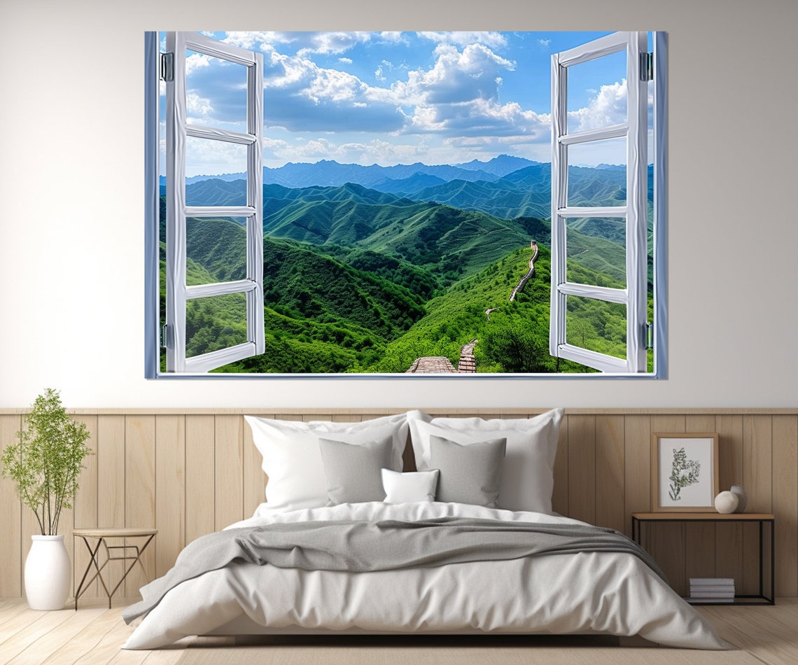 Great Wall of China Through Open Window Green Mountains Travel Poster