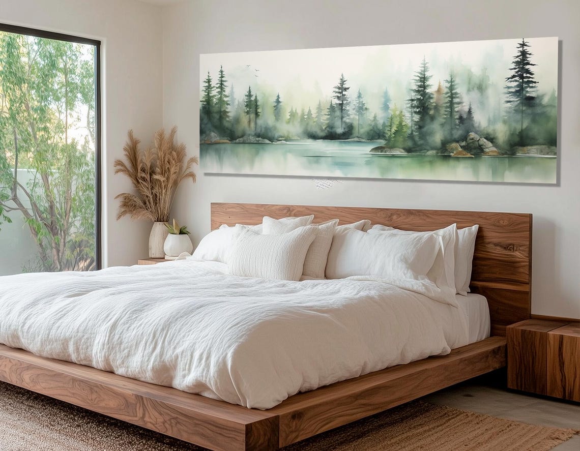 Misty Forest Lake Pines Reflections Soft Watercolor Nature Poster - Image 2