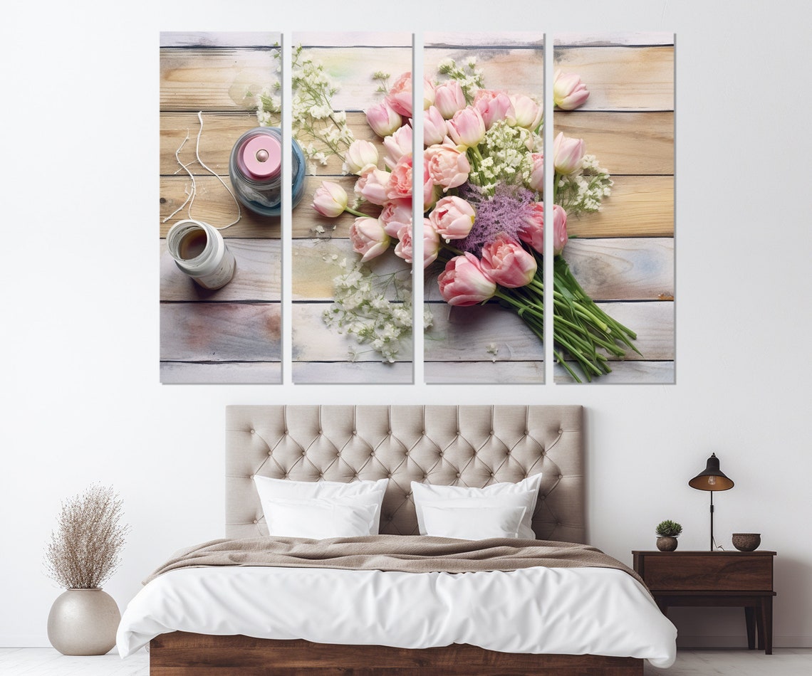 Pink Tulip Bouquet Baby Breath Rustic Wood Table Floral Poster - Image 4