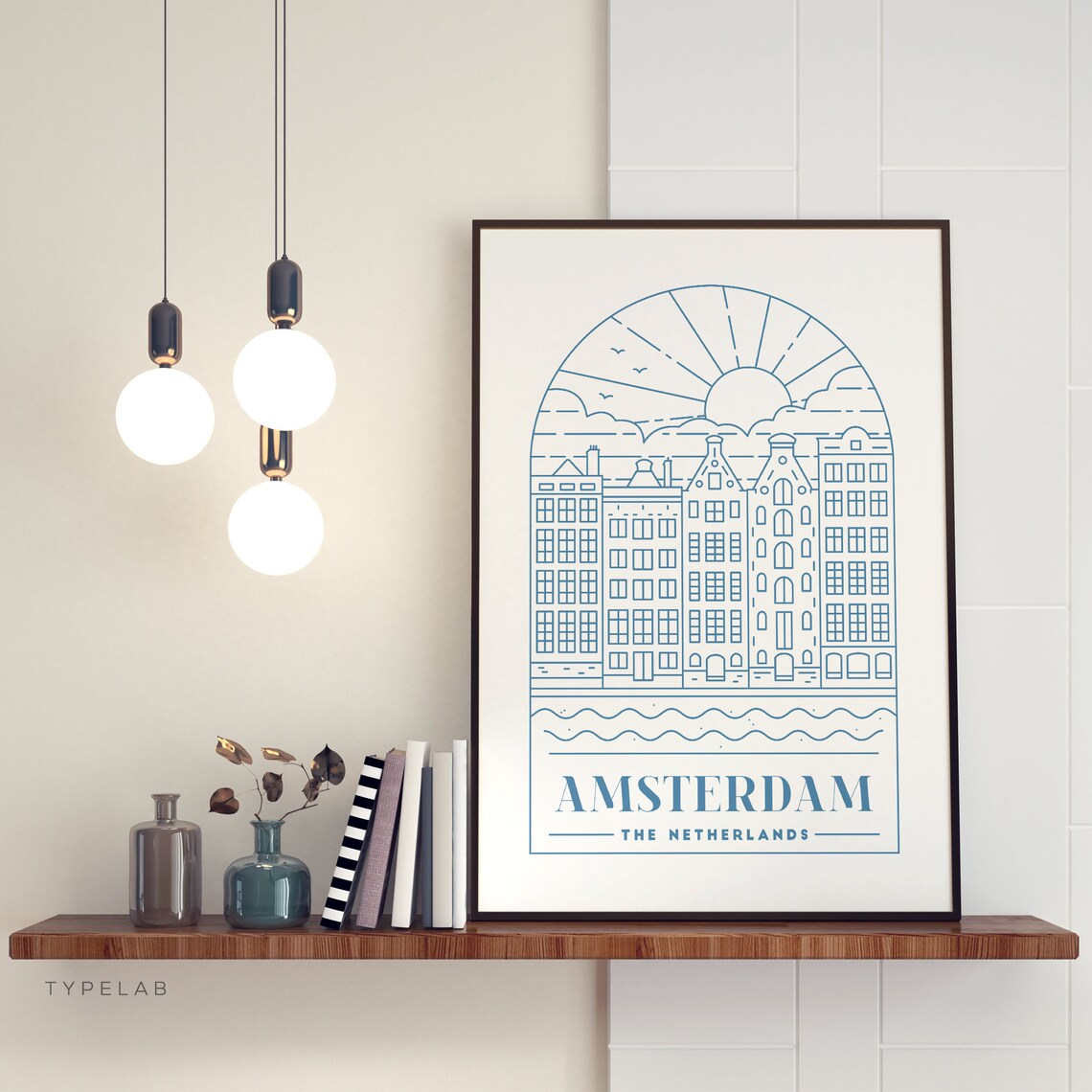 Amsterdam Canal Houses Blue Line Art Netherlands Travel Poster