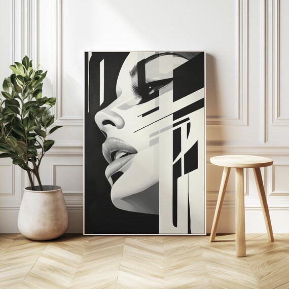 Abstract Woman's Profile Monochrome Geometric Modern Art Poster