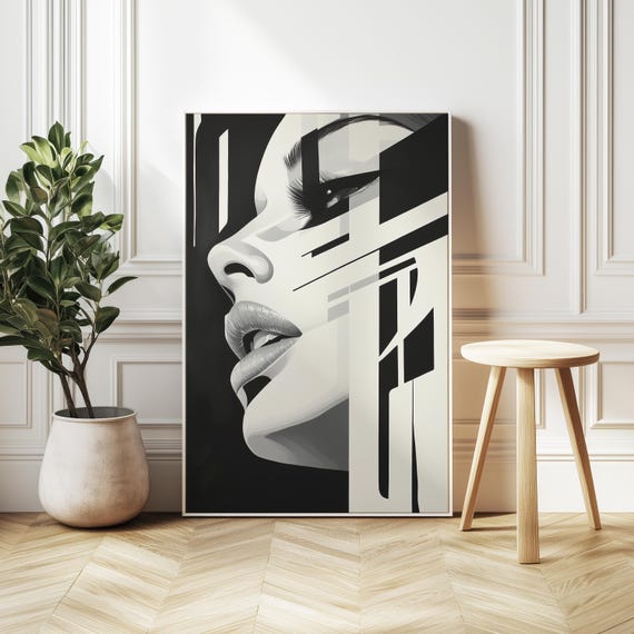 Elegant Abstract Womans Profile In Black White Monochrome Modern Art With Bold Lines And Geometric Shapes Stylish Wall Dcor