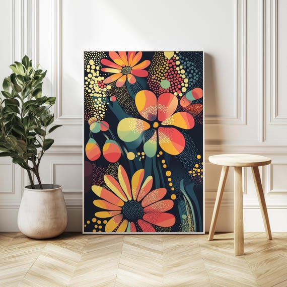 Bold Abstract Floral Art Print Graphic Flowers Dark Navy Background Vibrant Dots And Lines Retro 60s Style Whimsical Colorful Dcor