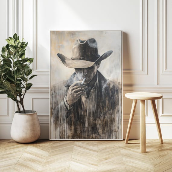 Gritty Cowboy Smoking Oil Painting Print Dark Realism Western Art With Monochromatic Color Scheme Dripping Paint Rugged Cowboy Dcor