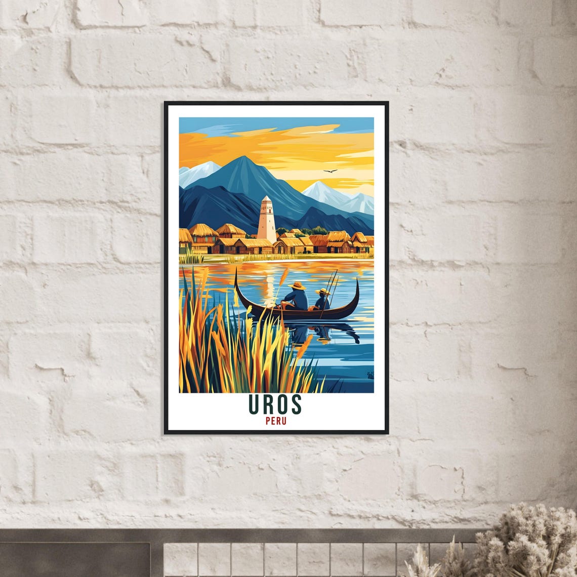 Uros Peru Reed Boat Lake Sunset Vintage Travel Illustration Poster - Image 2