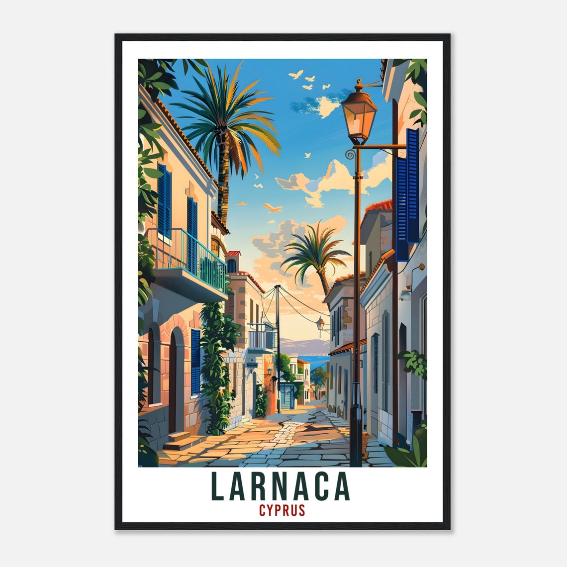 Larnaca Cyprus Shuttered Lane Streetlamp Palm Sky Travel Poster - Image 4
