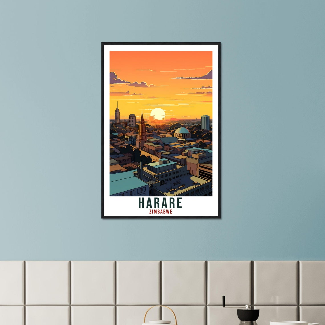 Harare Zimbabwe City Skyline Orange Sunset Towers Travel Poster - Image 3