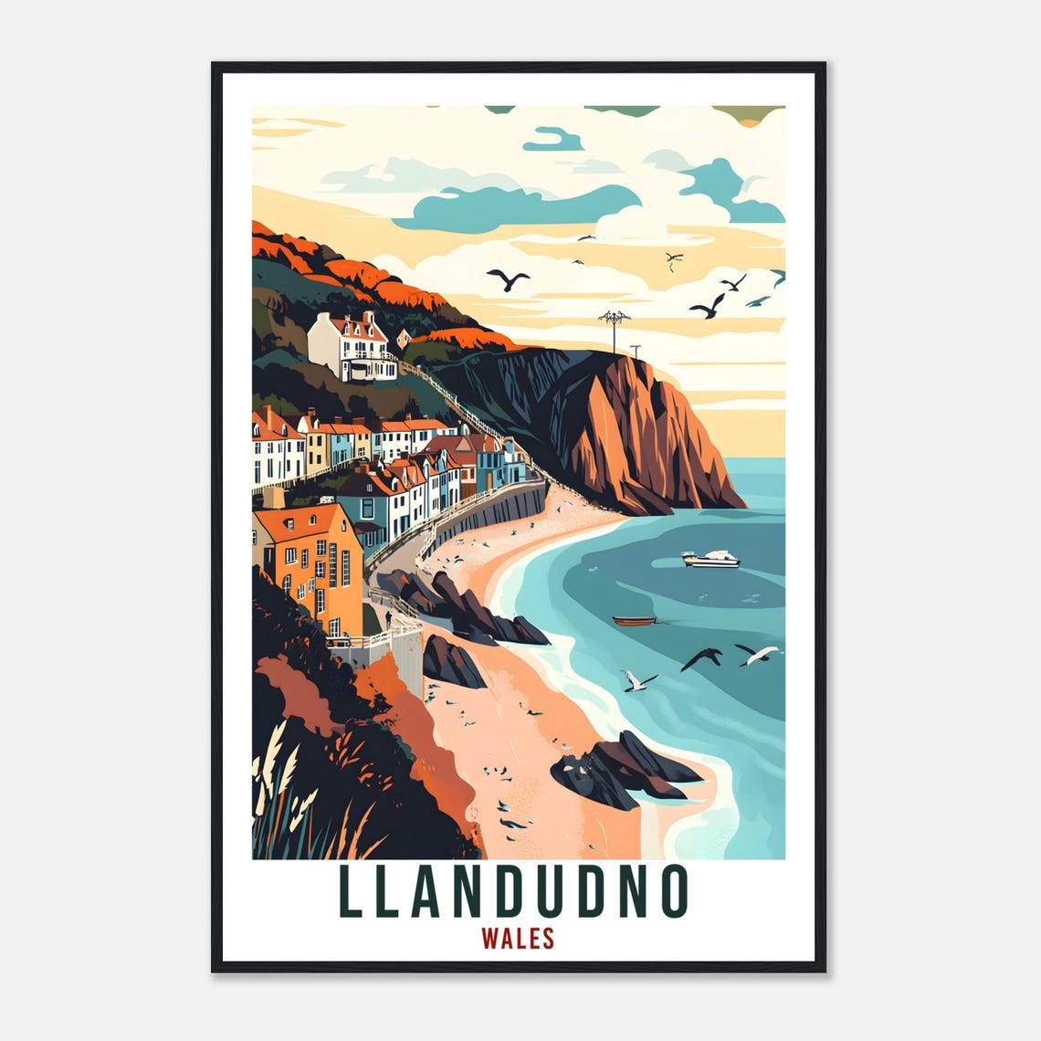 Llandudno Wales Travel Poster Seaside Cliffs Beach Town Artwork - Image 4