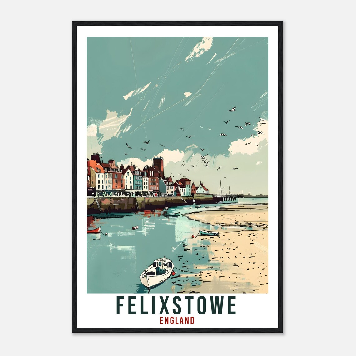 Felixstowe England Fishing Boats Beach Low Tide Travel Poster - Image 4