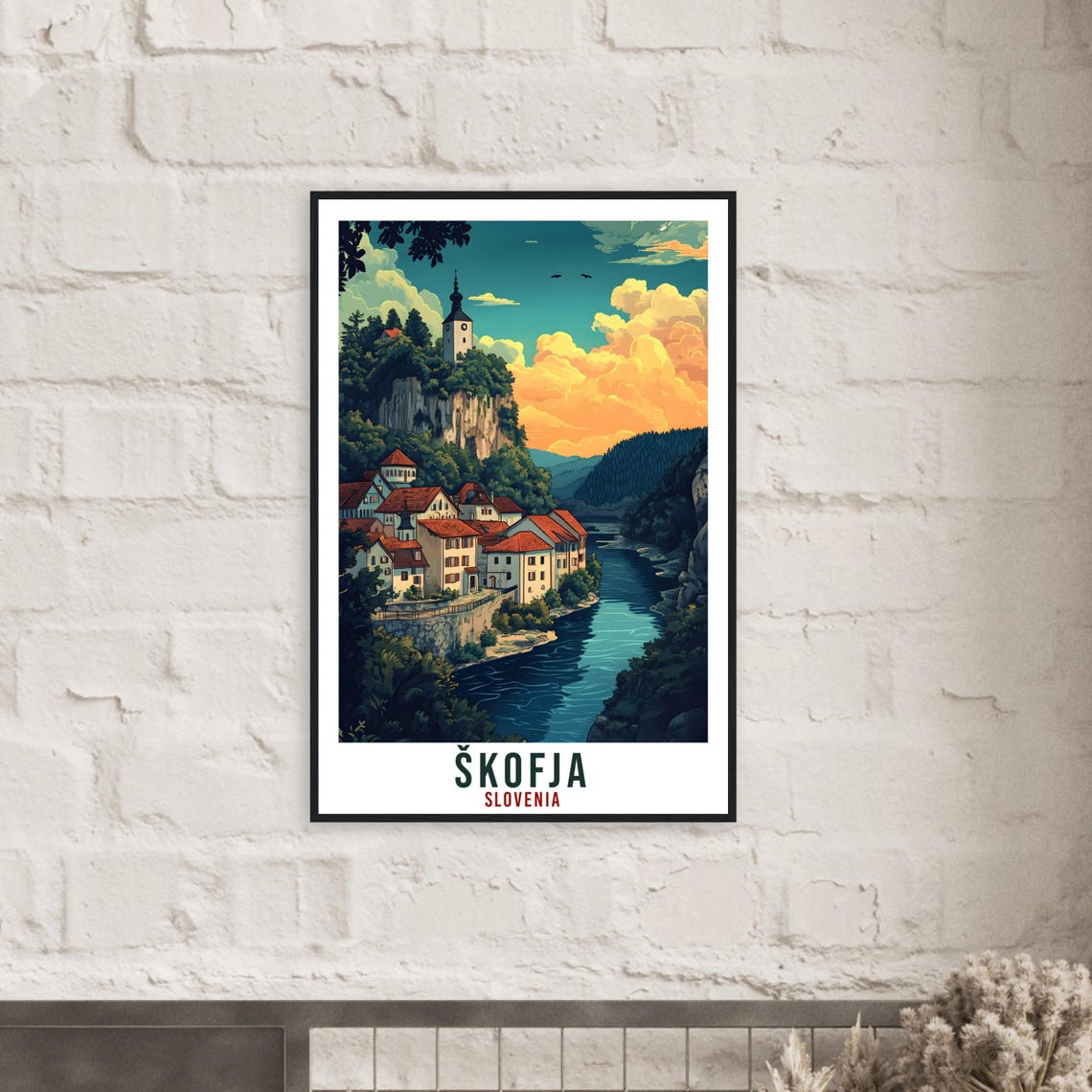 Skofja Slovenia River Bend Cliff Church Golden Clouds Poster - Image 2