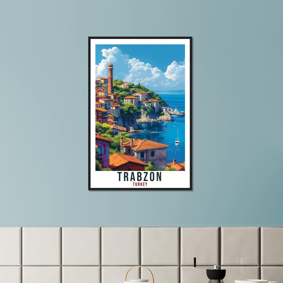 Trabzon Black Sea Cliffside Town Minaret Turkey Vintage Travel Poster - Image 3