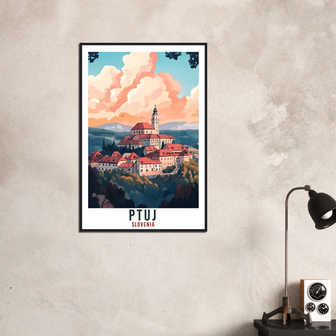 Ptuj Slovenia Castle Hill Town Poster Under Golden Sunset Clouds - Image 3