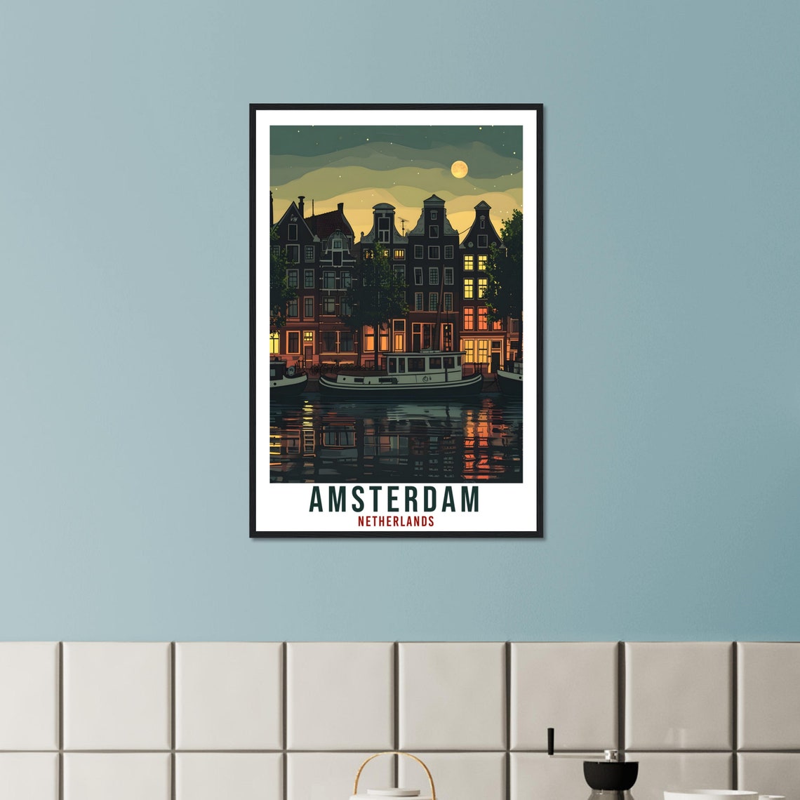 Amsterdam Netherlands Canal Houses at Dusk Moonlit Water Travel Poster - Image 4