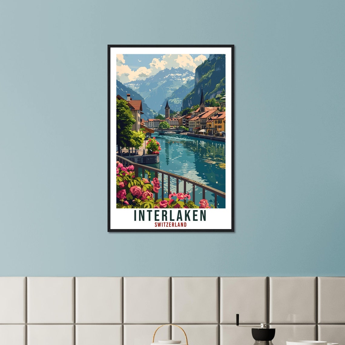 Interlaken Switzerland Lakeside Town Vintage Alpine Travel Poster - Image 2