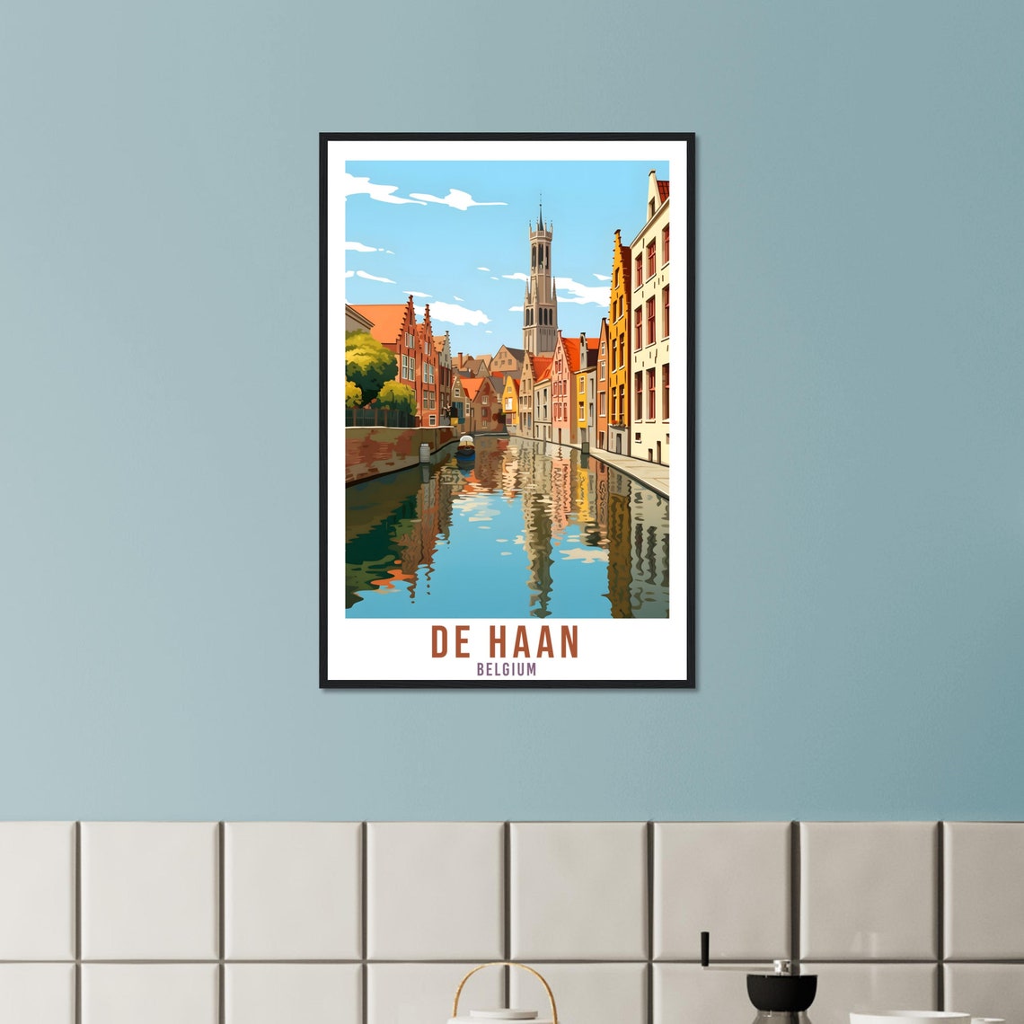 De Haan Belgium Canal Travel Poster Vintage Belfry Reflection Art - Image 2