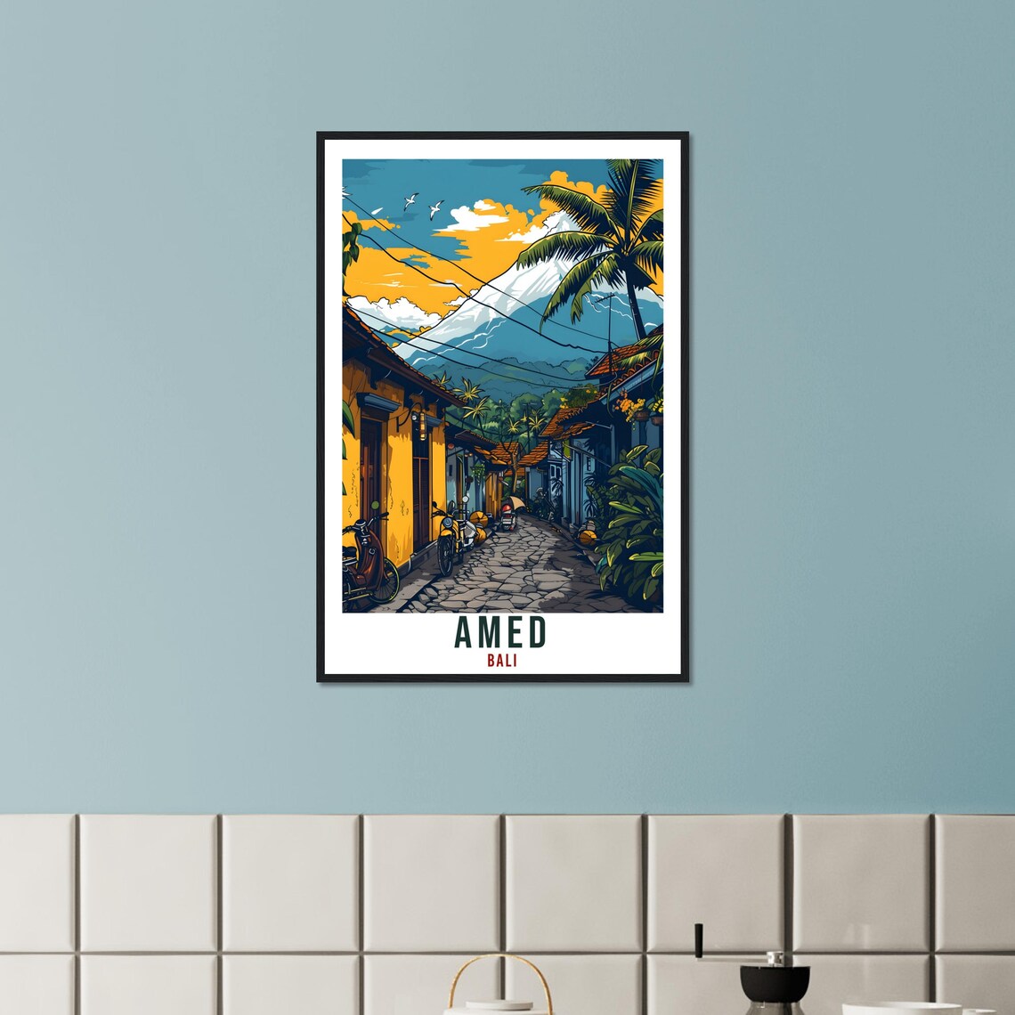 Amed Bali Volcano Street Vintage Illustrated Travel Art Poster - Image 2