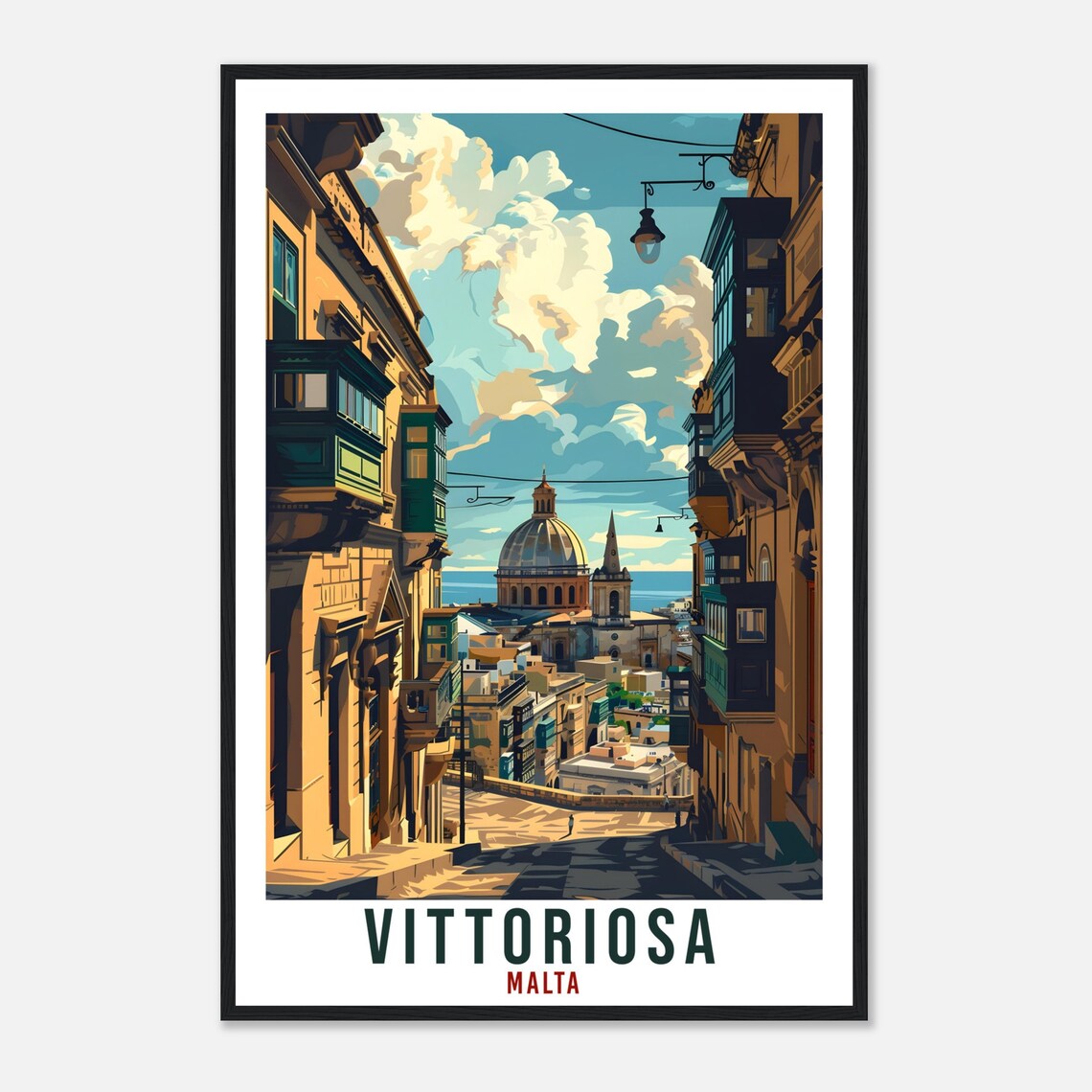 Vittoriosa Malta Old Town Street Domed Church Retro Travel Poster - Image 4