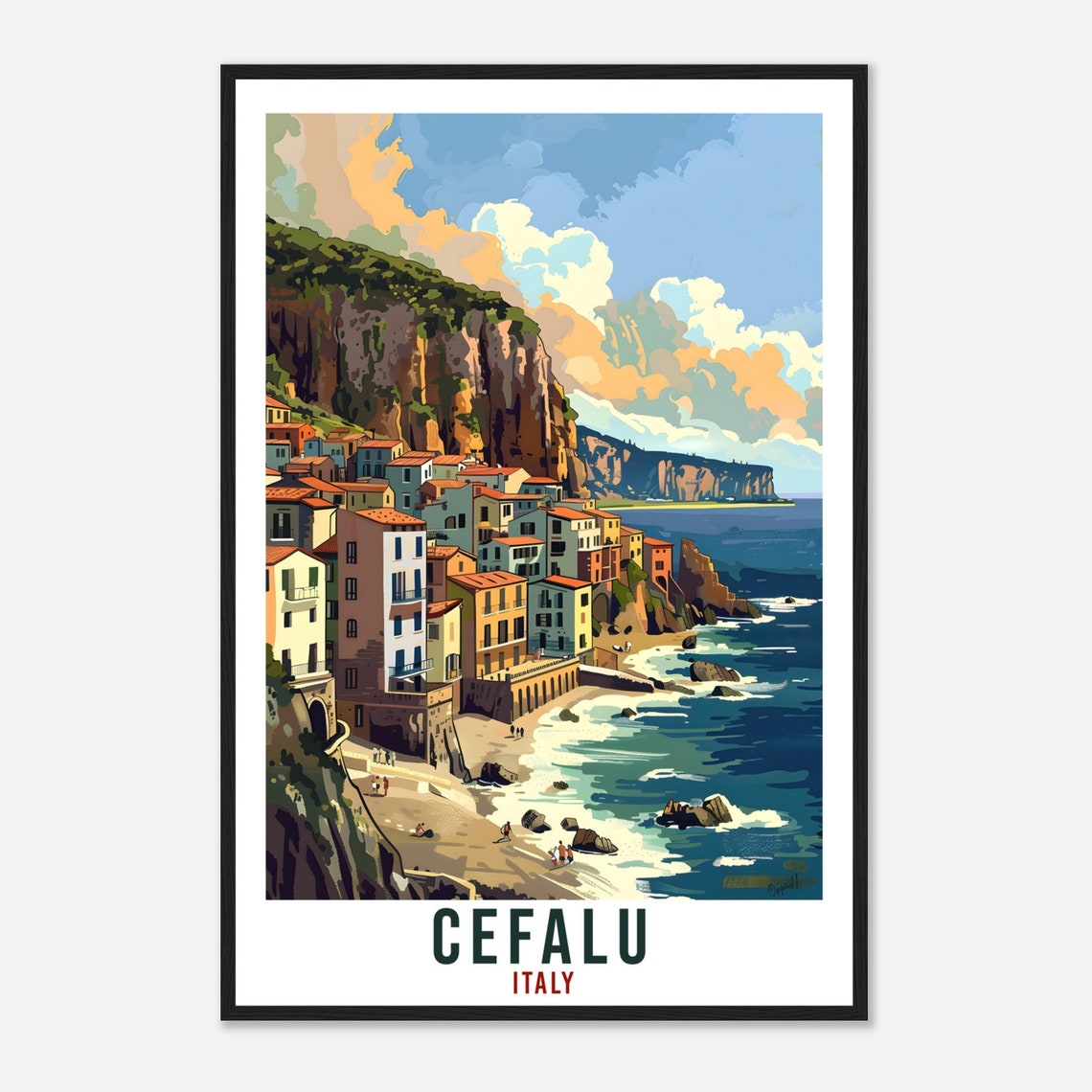 Cefalu Italy Colorful Coastal Town Beneath the Cliffs Travel Poster - Image 4