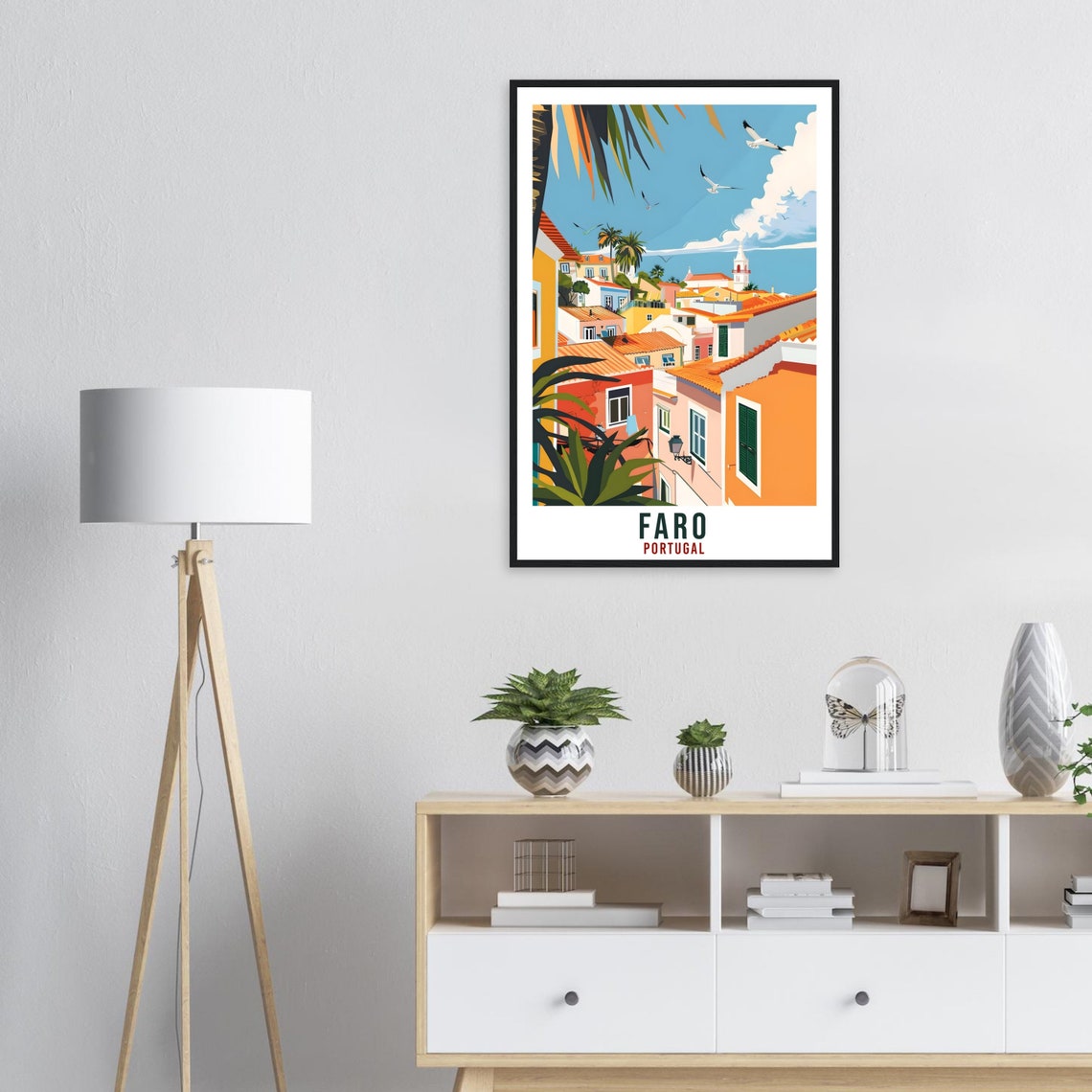 Faro Portugal Colorful Old Town Rooftops Seagulls Travel Poster - Image 3