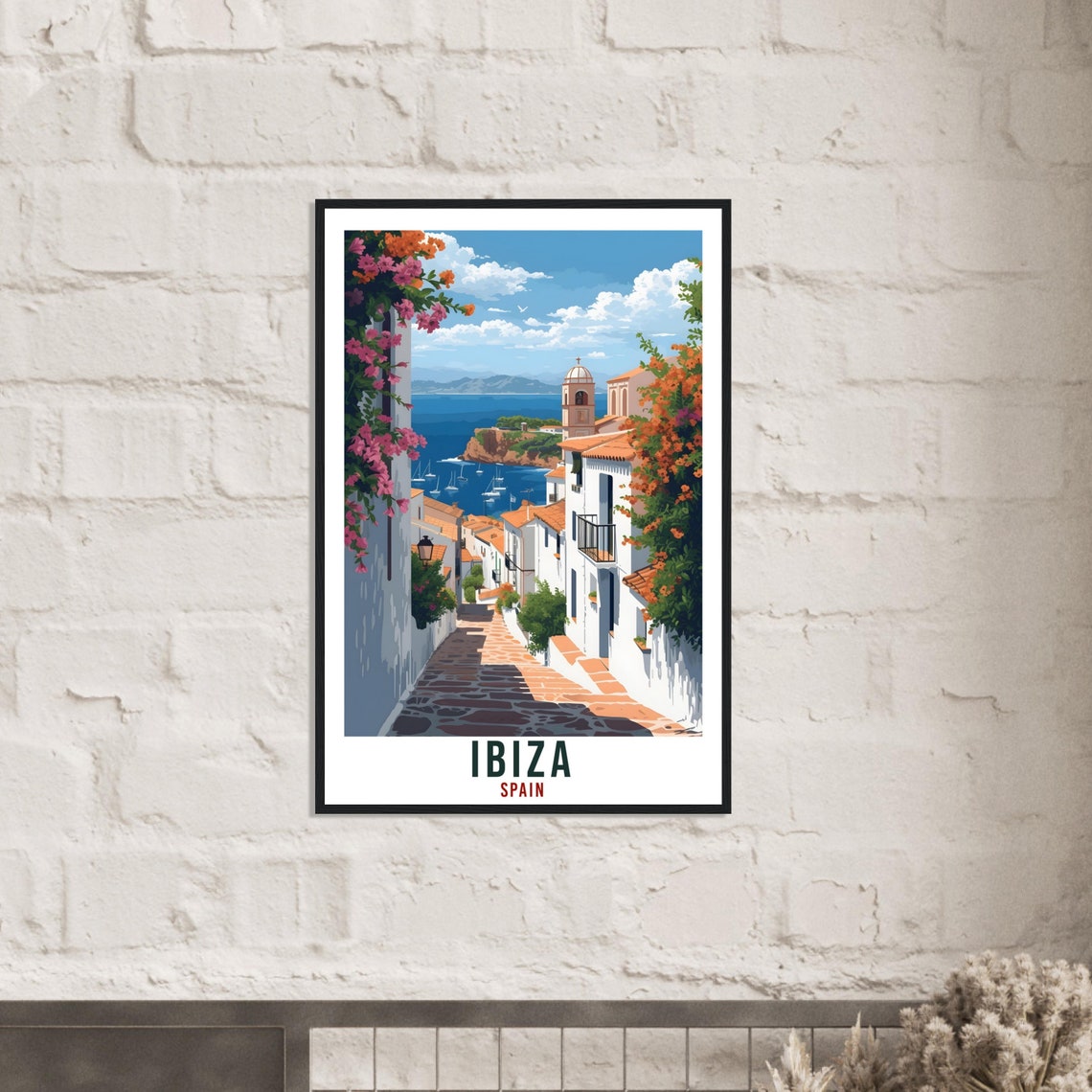 Ibiza Spain Flowered Retro Old Town Lane Seaview Travel Poster - Image 2