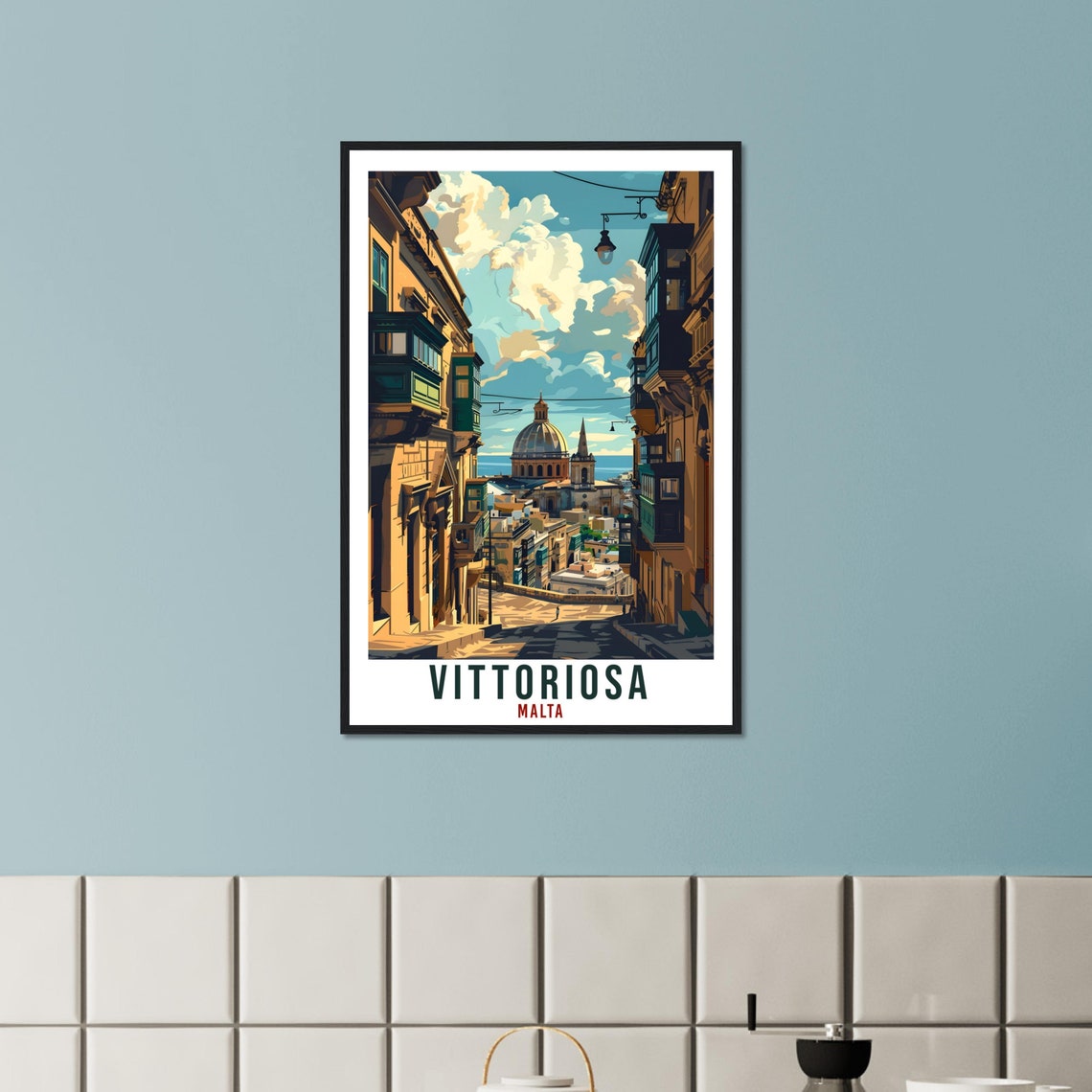 Vittoriosa Malta Old Town Street Domed Church Retro Travel Poster - Image 3