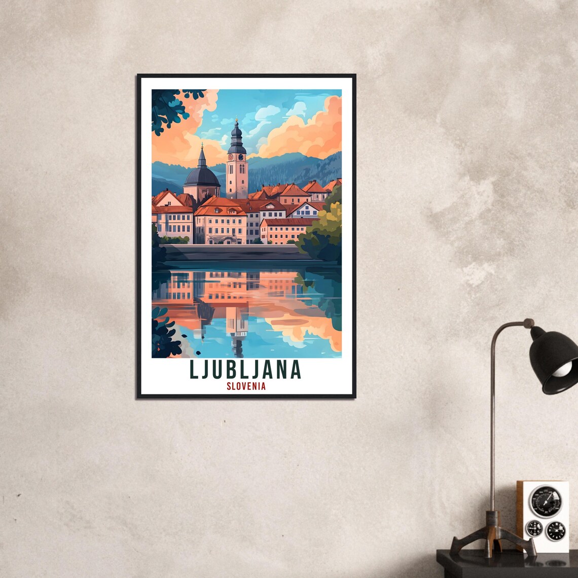 Ljubljana Slovenia Riverside Old Town Church Vintage Travel Poster - Image 3