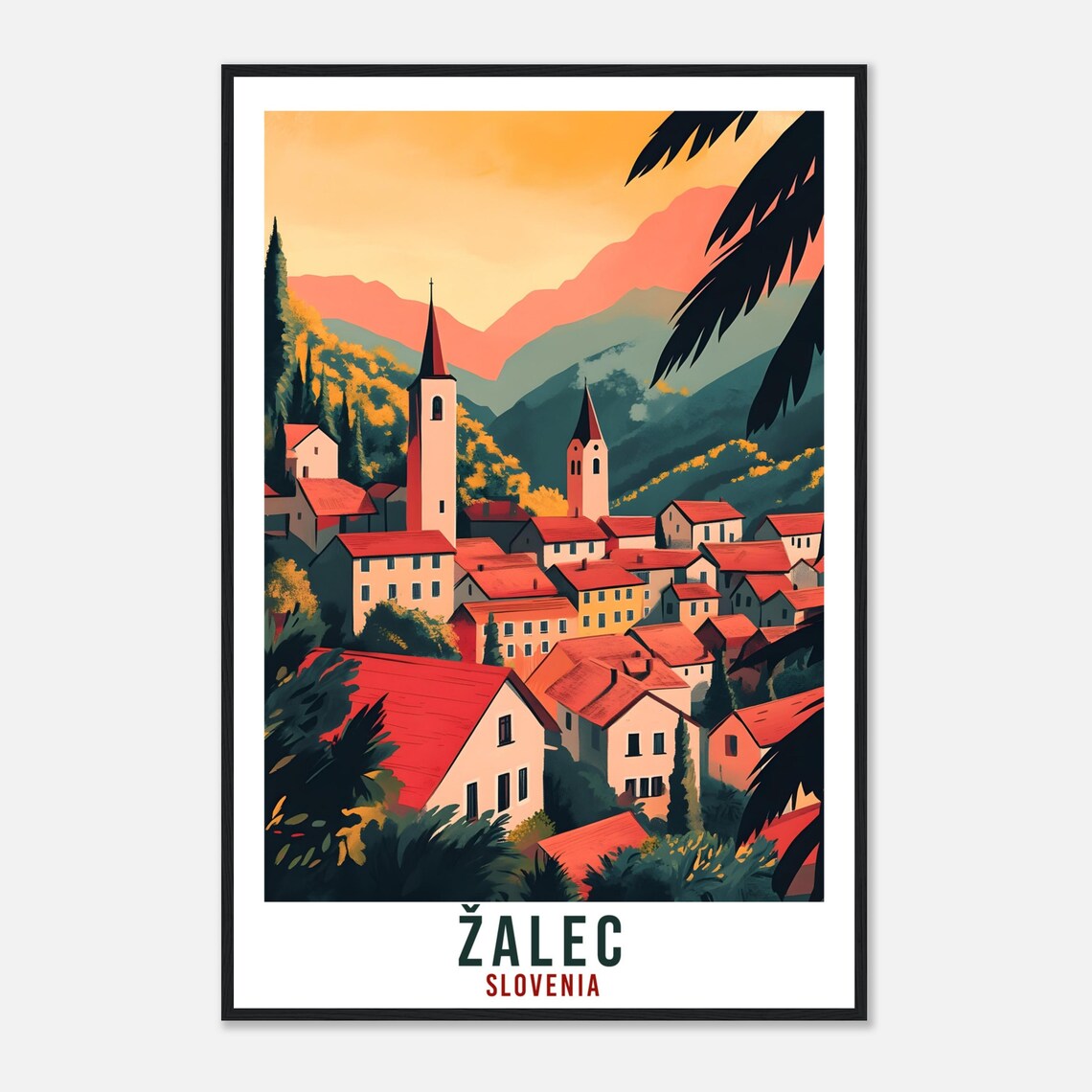 Zalec Slovenia Red Rooftop Village Church Spires Mountain Poster - Image 4