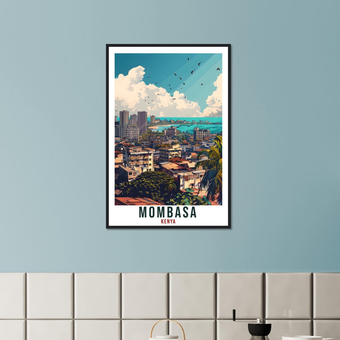 Mombasa Kenya Coastal Skyline Ocean Birds Vintage Travel Poster - Image 3