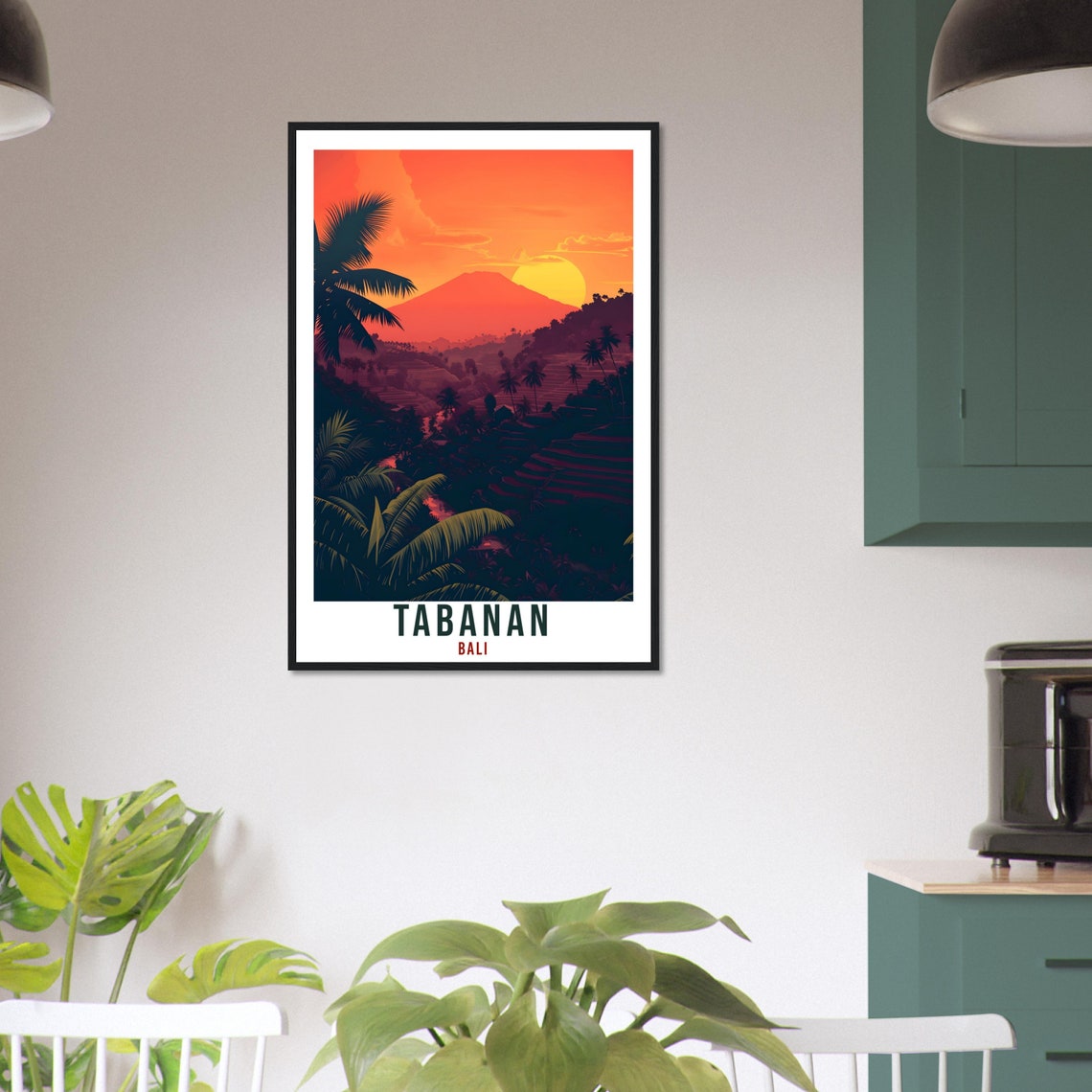 Tabanan Bali Rice Terraces Sunset Volcano Illustrated Art Poster - Image 3