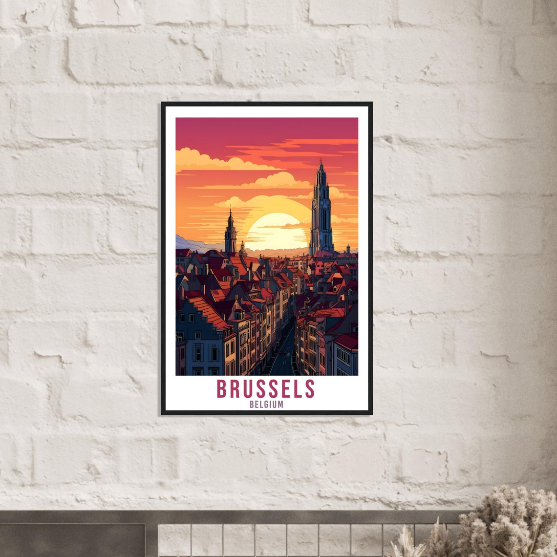 Brussels Belgium Sunset Travel Poster Retro Cityscape Skyline - Image 2