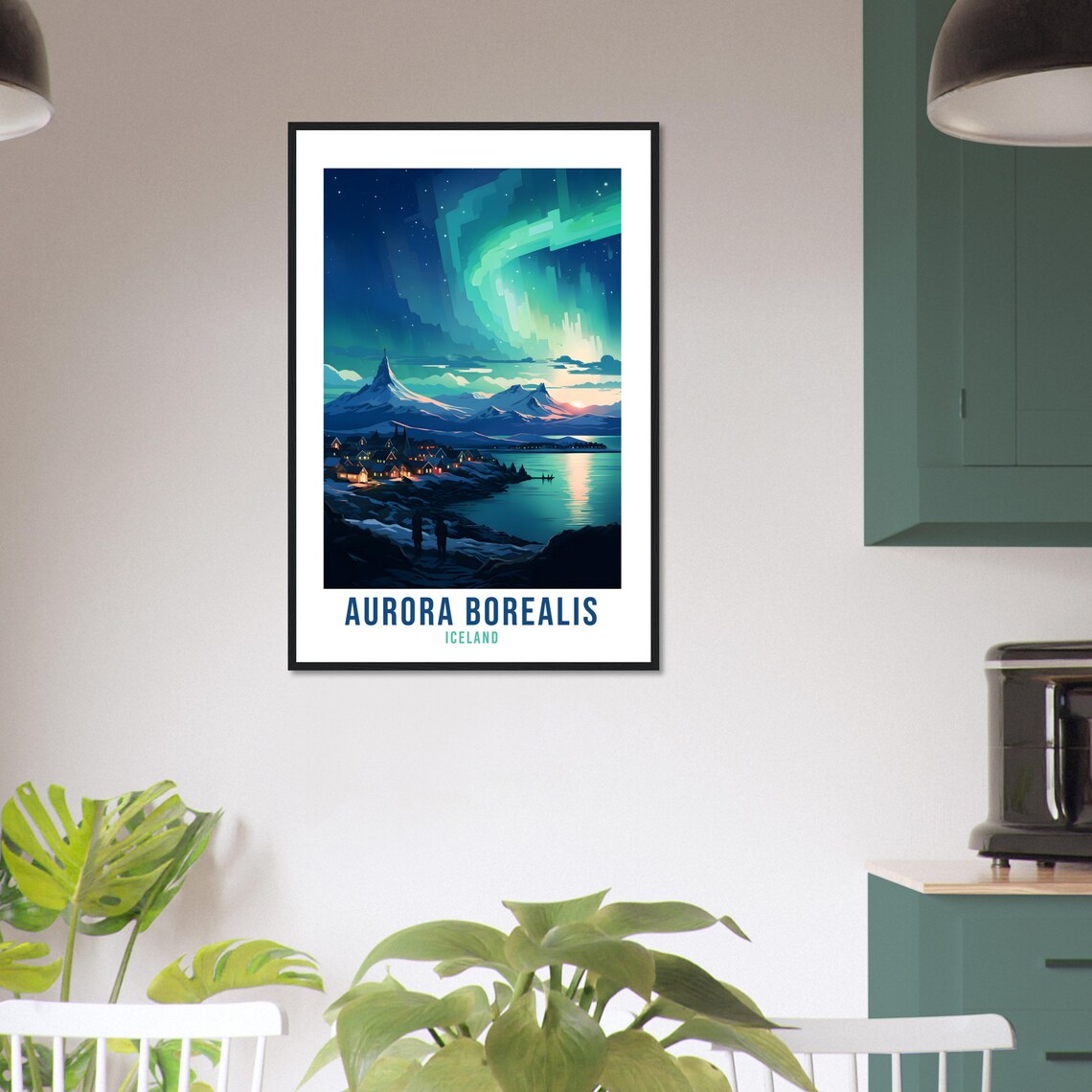 Aurora Borealis Iceland Northern Lights Snow Village Travel Poster - Image 2