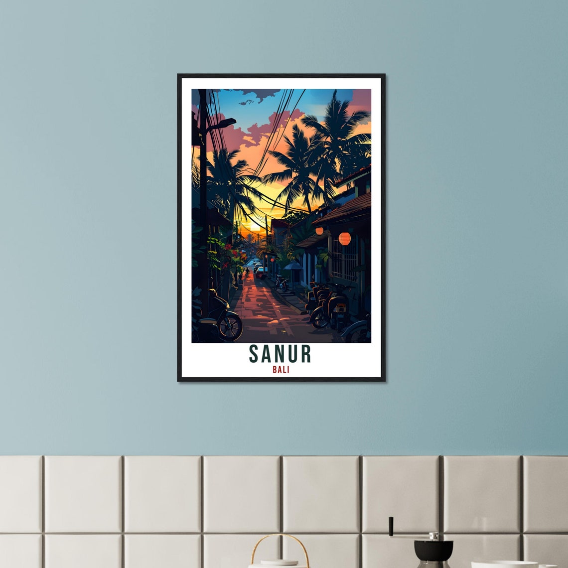 Sanur Bali Indonesia Sunset Palm Street Evening Scene Travel Poster - Image 2