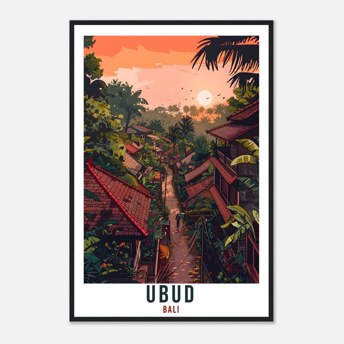 Ubud Bali Jungle Street Sunset Red Tiled Rooftops Travel Poster - Image 4