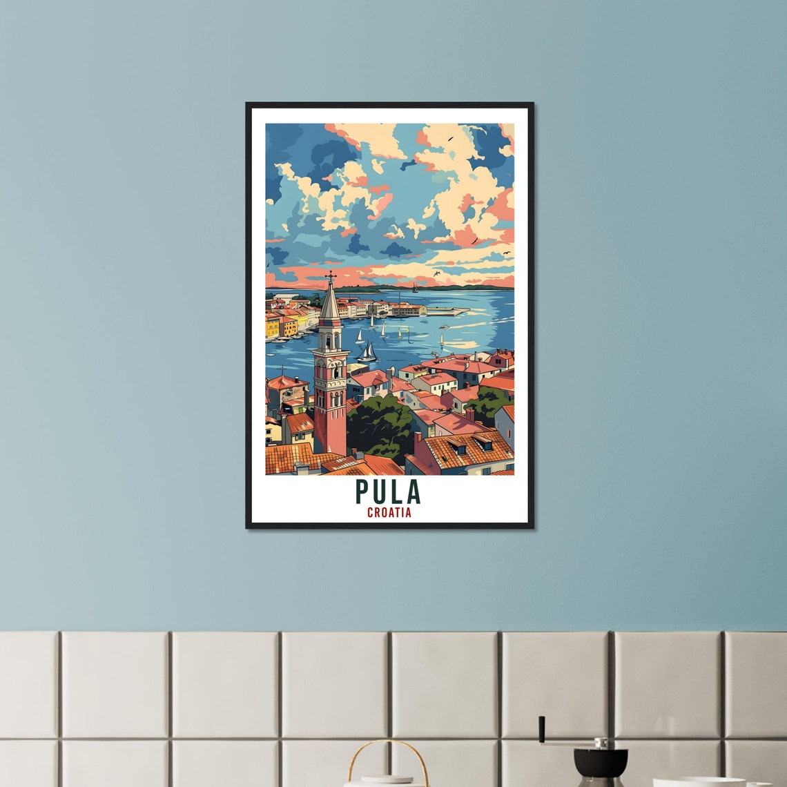 Vintage Pula Croatia Coastal Sunset Harbor Old Town Travel Poster - Image 3