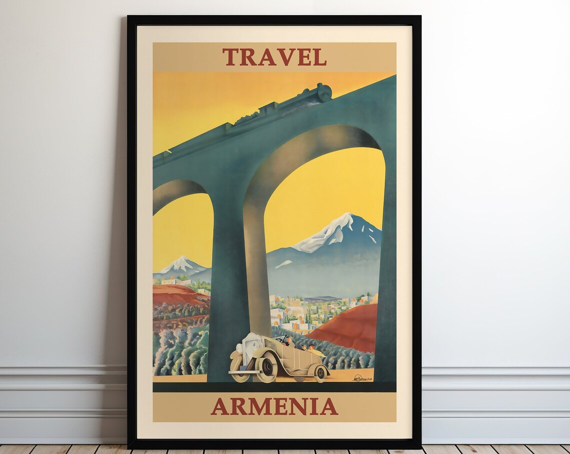 Vintage Armenia Travel Poster with Railway Viaduct and Mount Ararat